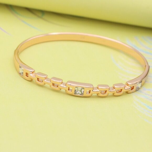 Elegant Rose Gold Bangle with Geometric Charm and Crystal Accents, XPBL0474 - Picture 3 of 12